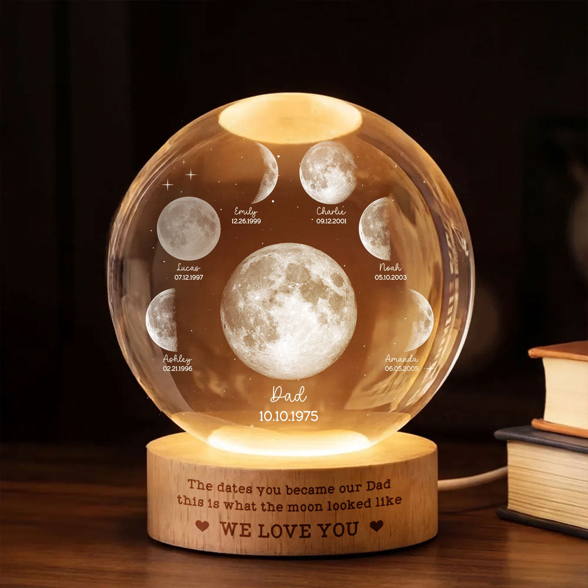 The Date You Became Our Dad - Personalized Crystal Ball LED Night Light - Custom Moon Phase by Date, Gift for Dad, Husband