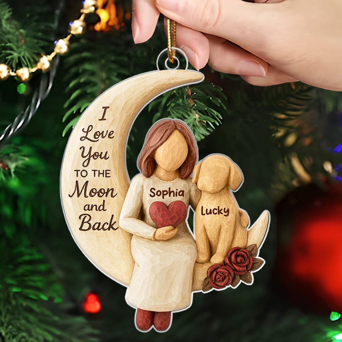 Woman and Dog Love to the Moon - Personalized Acrylic Ornament - Heartfelt Christmas Gift for Dog Mom, Pet Memorial Keepsake
