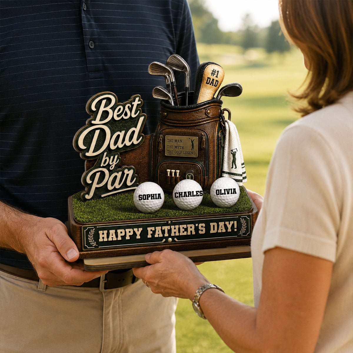 Best Dad By Par Custom Kid Name - Personalized 2-Layered Wooden Plaque - Gift For Golf Dad
