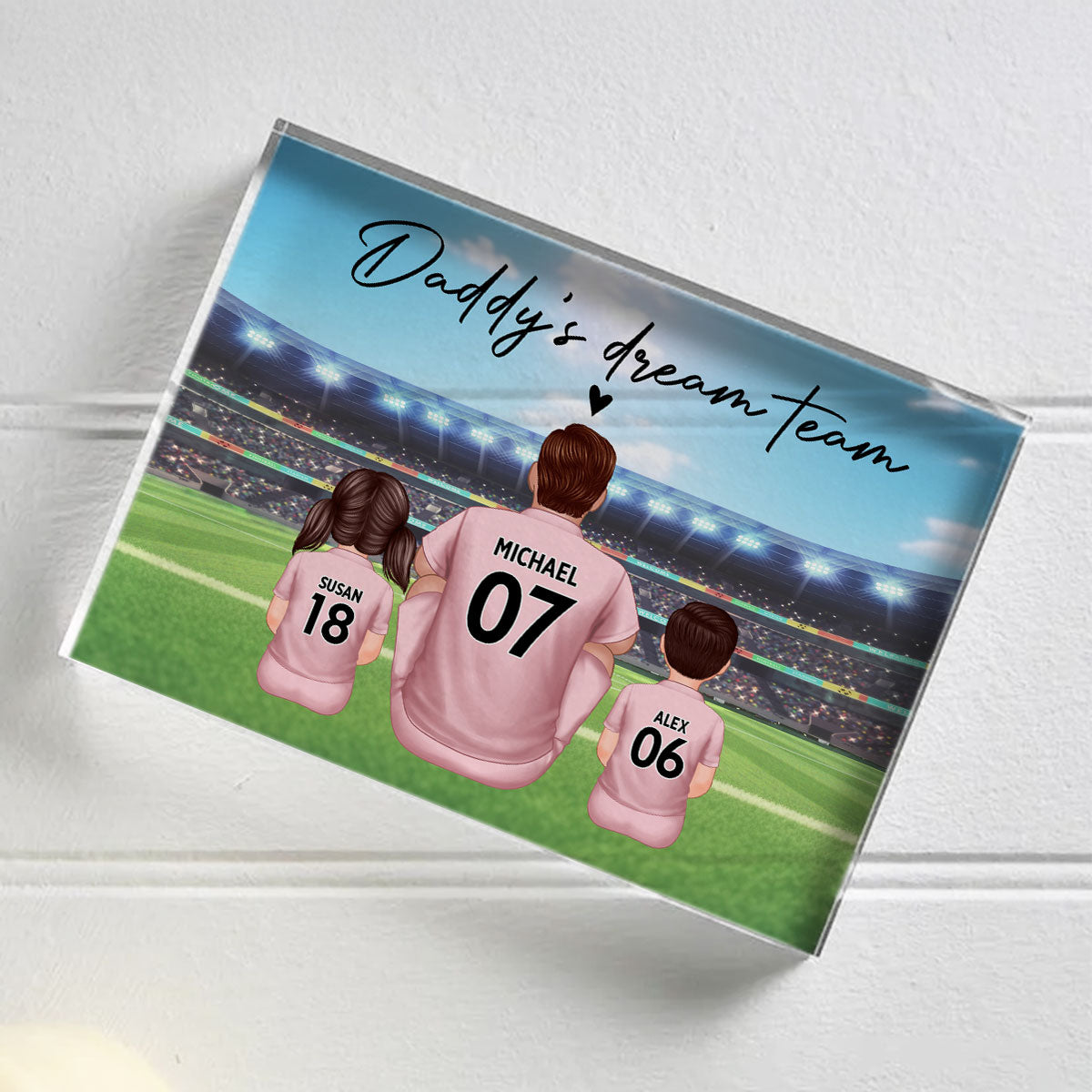 Daddy's Team Soccer Family Sitting Back View Personalized Acrylic Block, Gift