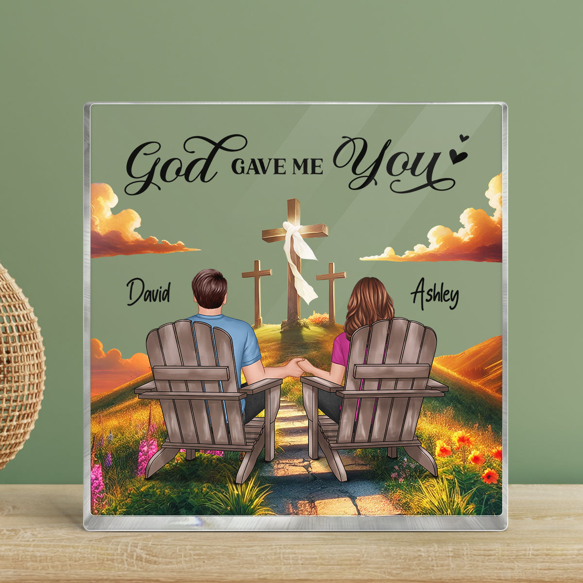 Cross God Knew My Heart Needed You Old Couple Sitting Together Personalized Acrylic Block Plaque, Anniversary Gift For Him, Her, Husband, Wife