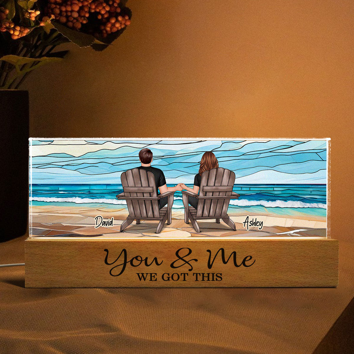 Couple Sitting At Beach Landscape Stained Glass Personalized Acrylic Block LED Night Light