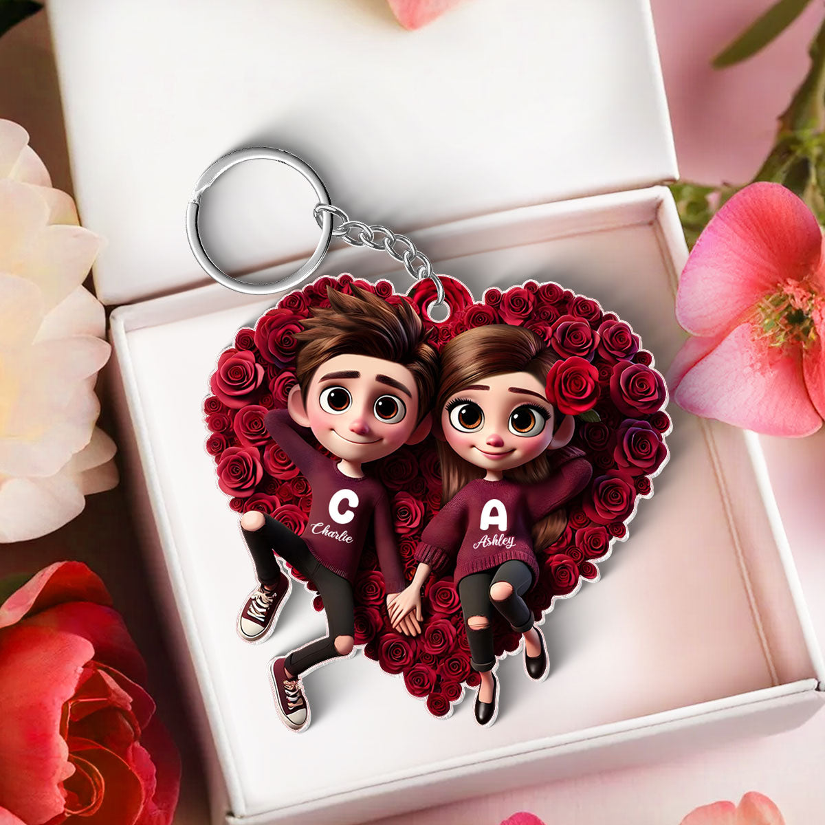 Rose Heart Couple Personalized Acrylic Keychain, Gift for her, Gift for him
