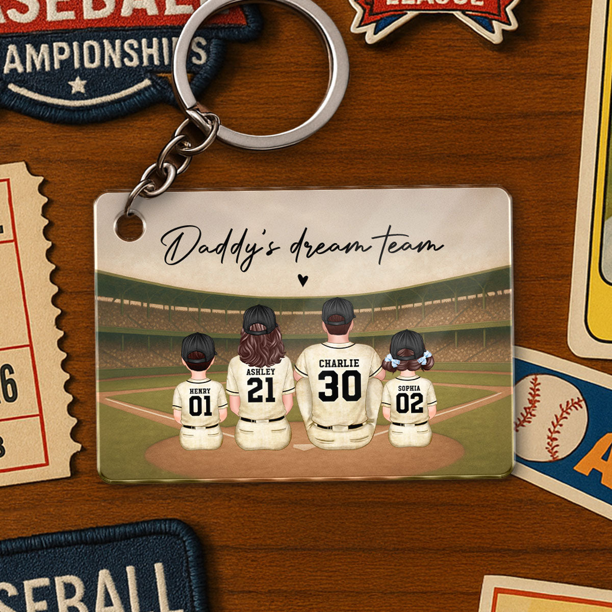 Retro Vintage Baseball Daddy's Dream Team Personalized Acrylic Keychain, Gift For Dad
