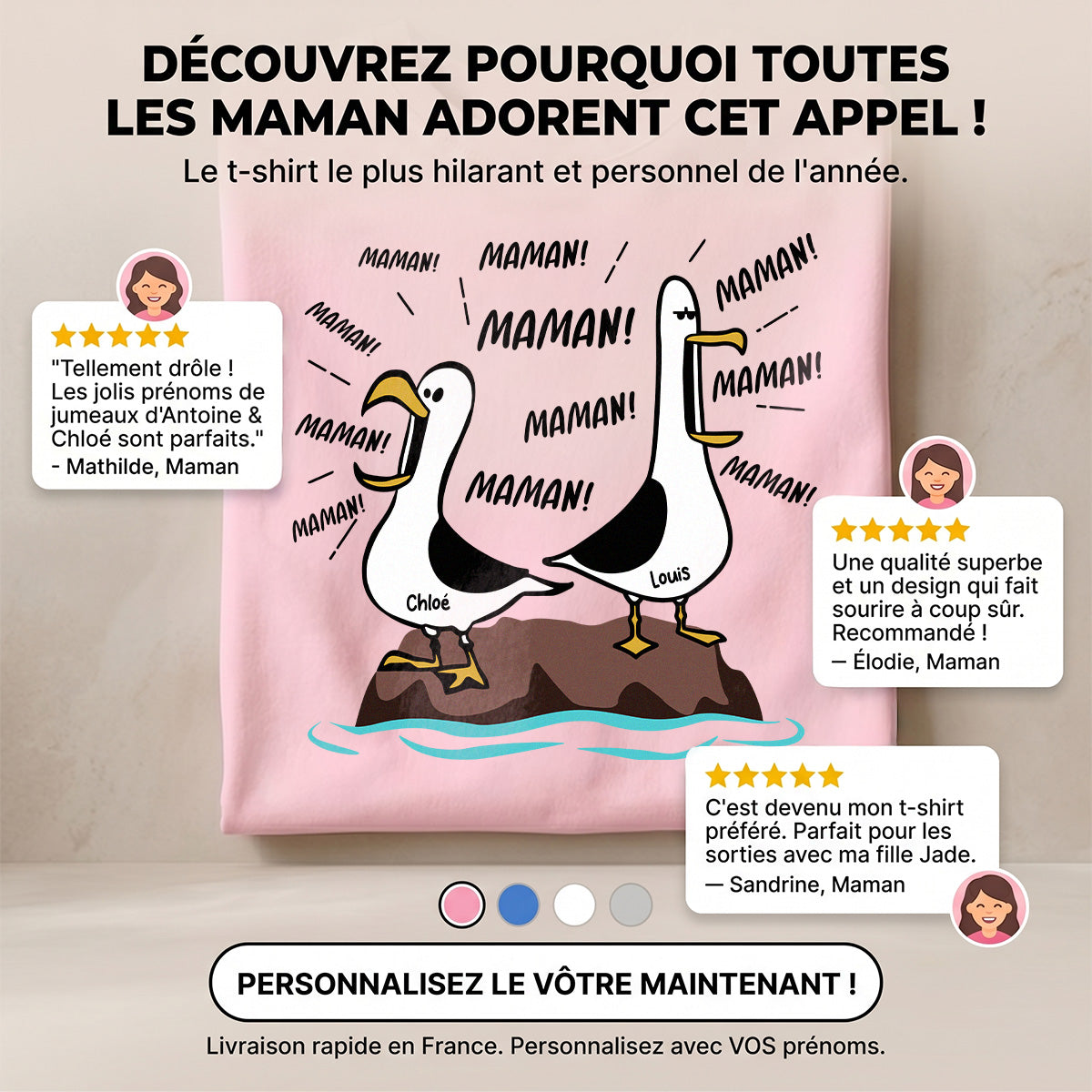 Mouettes Maman! Maman! Maman! – T-shirt Personnalis – Cadeau Rigolo pour la Fte des Mres