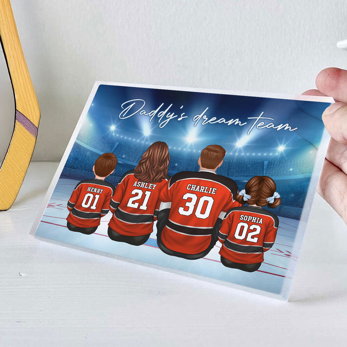 Daddy's Team Hockey Family Sitting Personalized Acrylic Block, Unique Gift for Dad, Gift for Husband