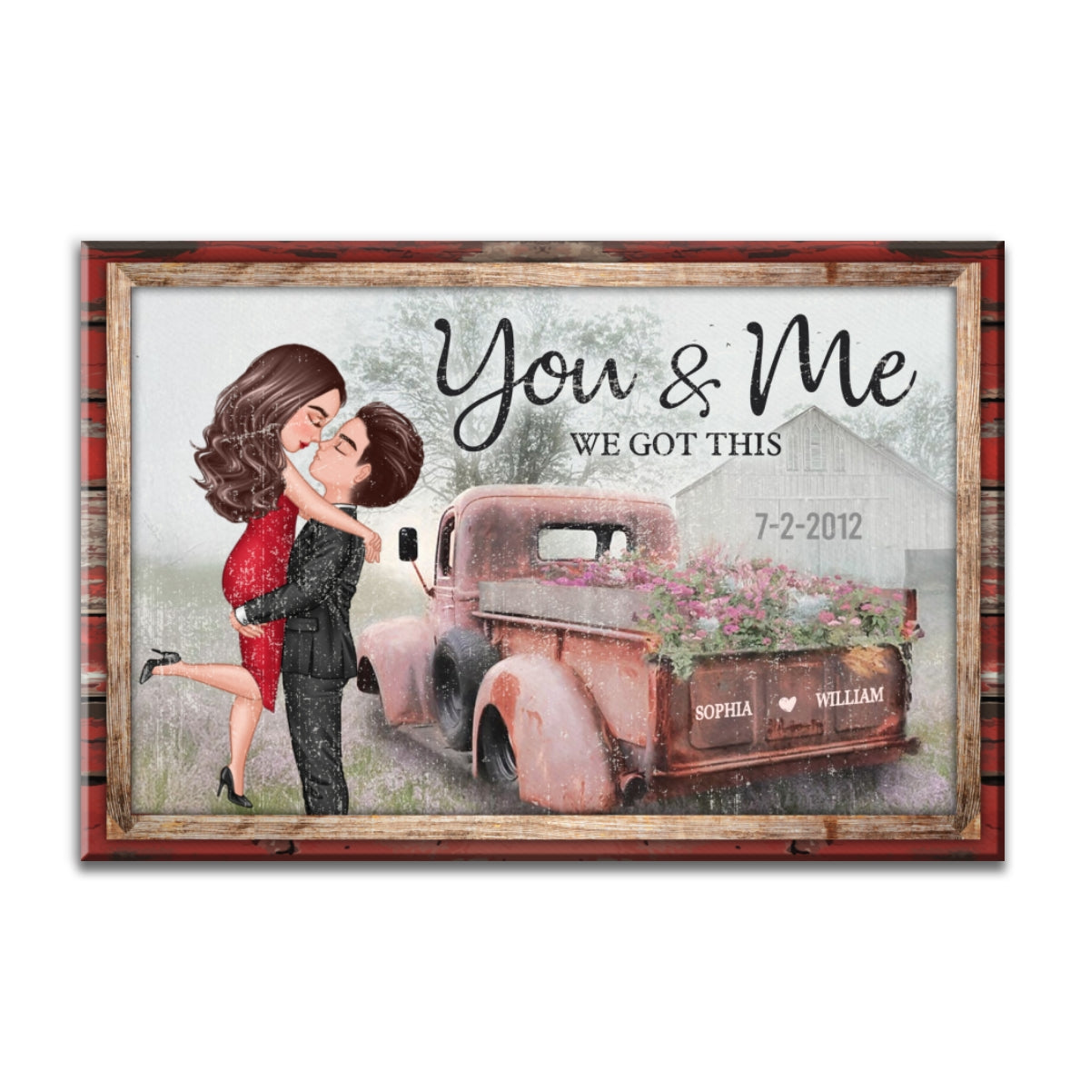 Red Vintage Truck Farmhouse Couple Hugging Kissing Personalized Canvas Print, Anniversary Gift For Him, For Her