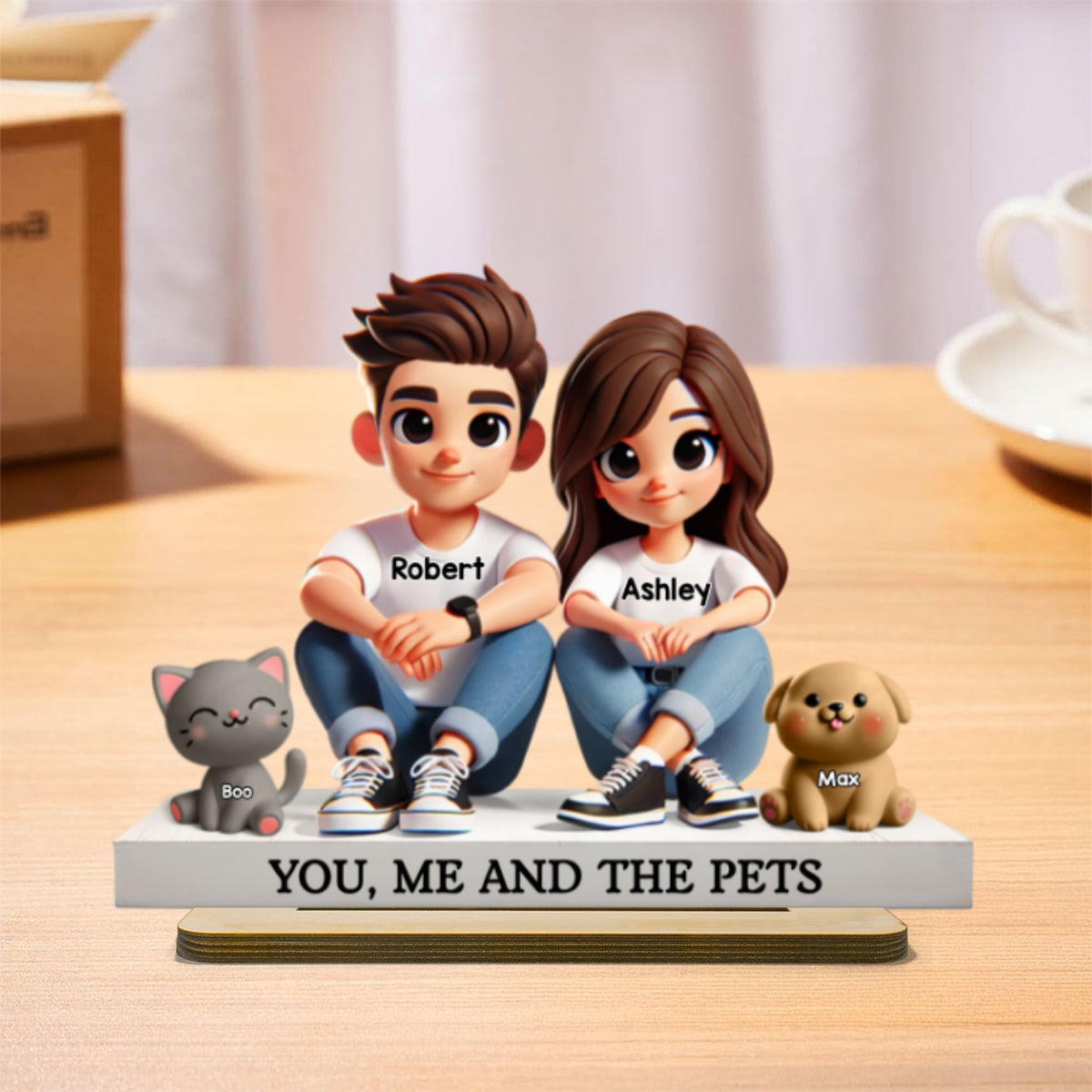 3D Effect Cute Couple And Dogs Cats Personalized Standing Wooden Plaque, Anniversary Gift, gift, Couple Keepsake