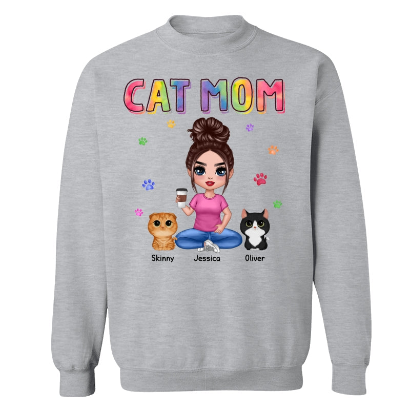 Colorful Paws Cat Mom Doll Woman Sitting With Watercolor Cute Cats Personalized Shirt