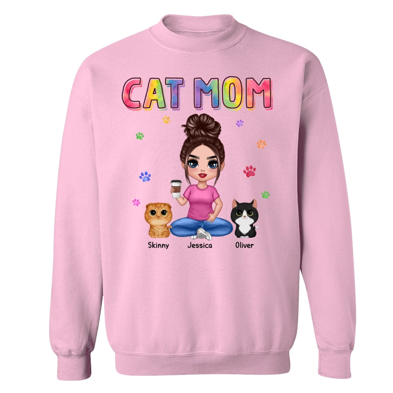 Colorful Paws Cat Mom Doll Woman Sitting With Watercolor Cute Cats Personalized Shirt