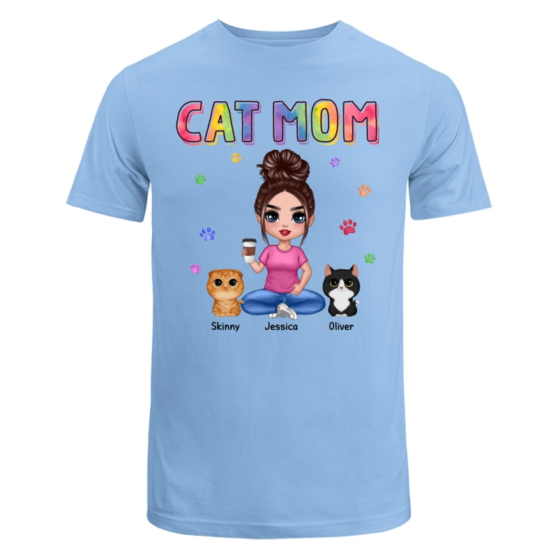 Colorful Paws Cat Mom Doll Woman Sitting With Watercolor Cute Cats Personalized Shirt