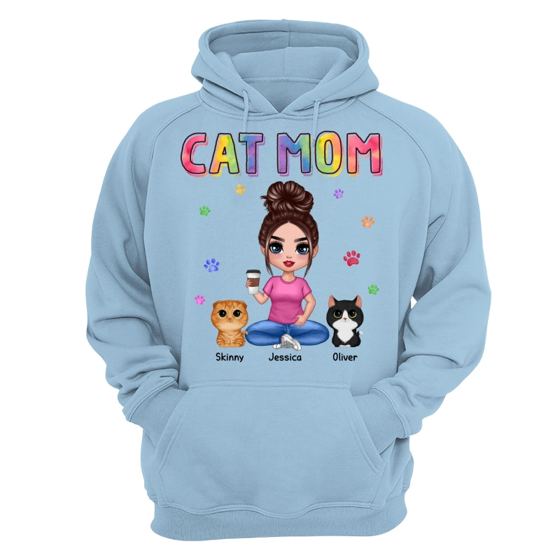 Colorful Paws Cat Mom Doll Woman Sitting With Watercolor Cute Cats Personalized Shirt