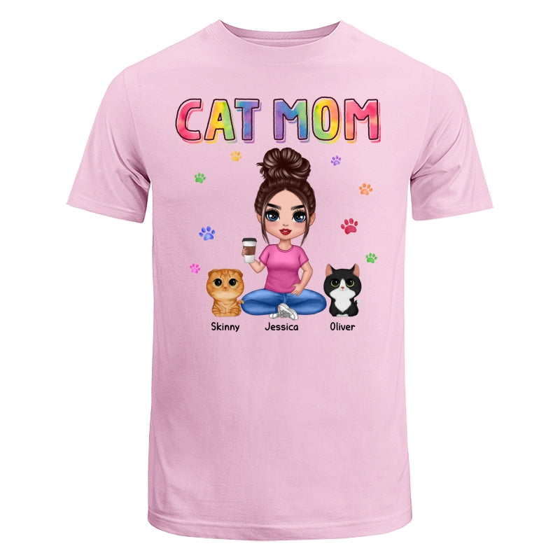 Colorful Paws Cat Mom Doll Woman Sitting With Watercolor Cute Cats Personalized Shirt