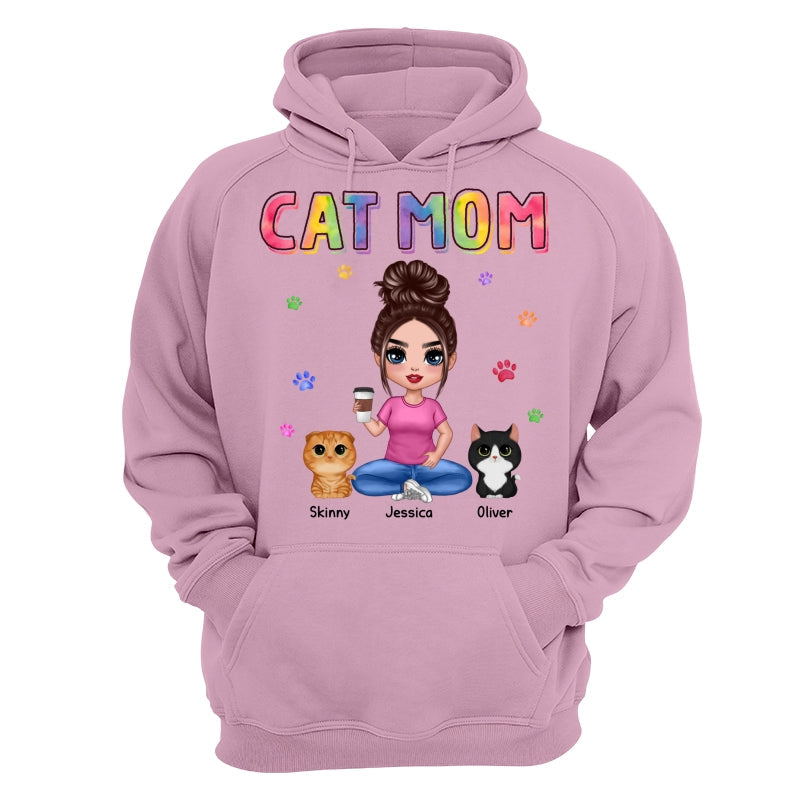 Colorful Paws Cat Mom Doll Woman Sitting With Watercolor Cute Cats Personalized Shirt