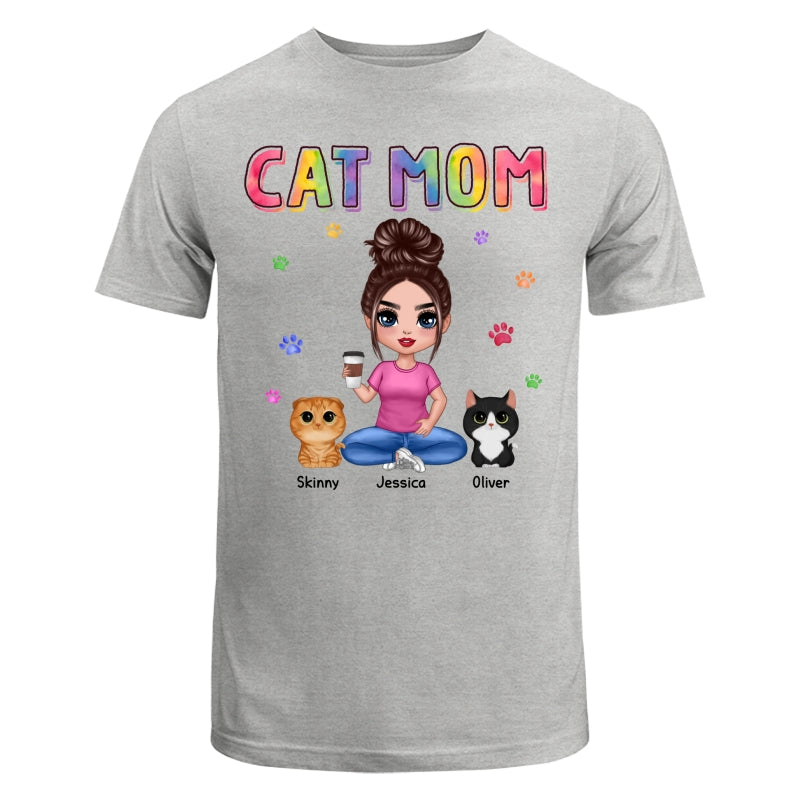Colorful Paws Cat Mom Doll Woman Sitting With Watercolor Cute Cats Personalized Shirt