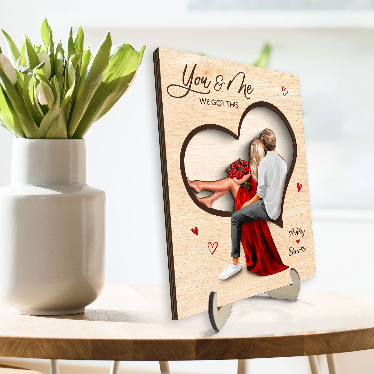 Couple Sitting On Heart Engraved Personalized 2-Layer Wooden Plaque, gift, Anniversary Gift for Couples