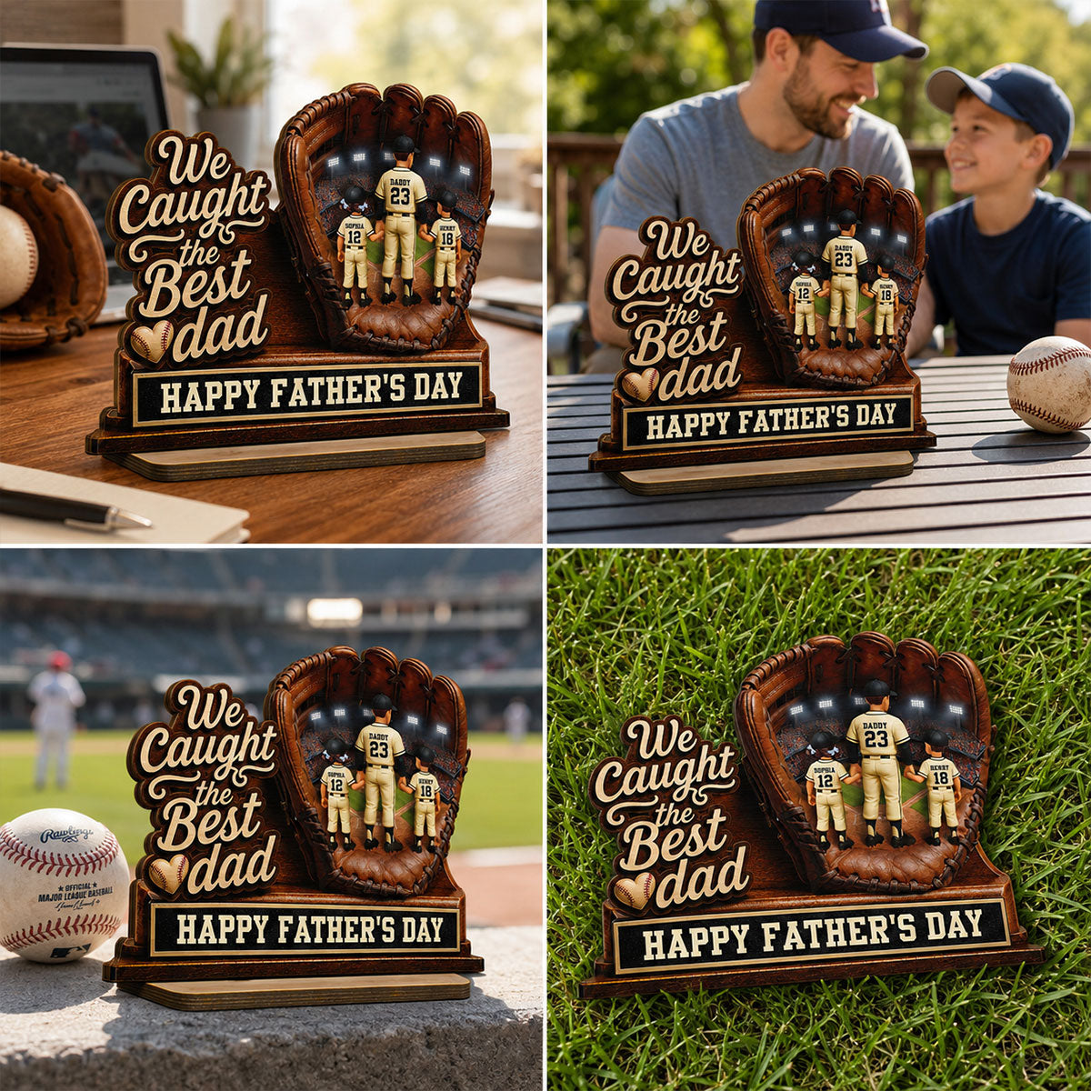 We Caught The Best Dad Dad & Kids In Glove - Personalized 2-Layered Wooden Plaque - Happy For Baseball Dad