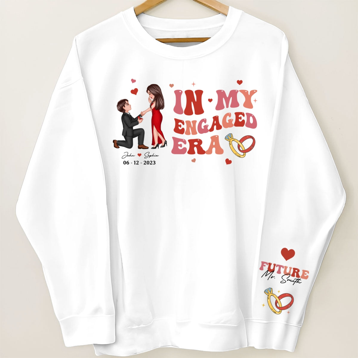 In My Engaged Era Proposing Couple Personalized Sleeved Printed Sweatshirt, Gift, Engagement Gift For Her, Gift For The Bride-To-Be
