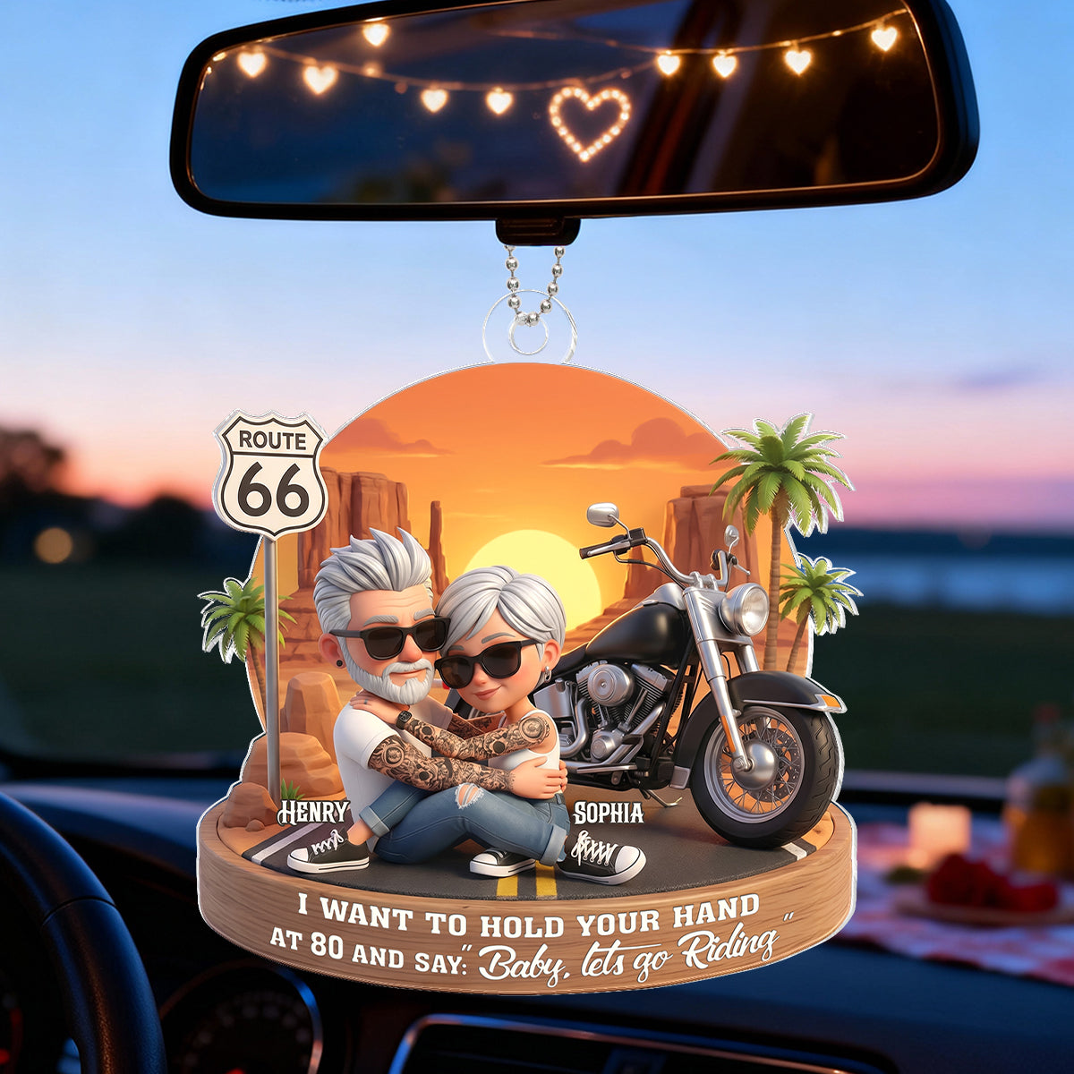 3D Effect Old Couple Baby Let's Go Riding - Personalized Acrylic Car Hanger - Sentimental Gift for him, for her