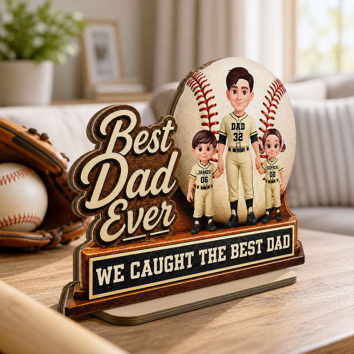 We Caught The Best Dad Dad & Kids - Personalized 2-Layered Wooden Plaque - Happy For Baseball Softball Dad