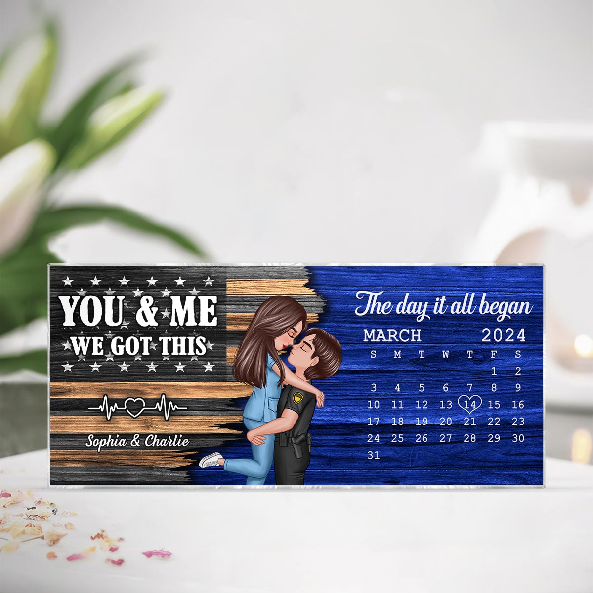 Hero Couple Hugging Kissing Half Flag Anniversary Calendar Keepsake Gift by Occupation Personalized Acrylic Block Plaque