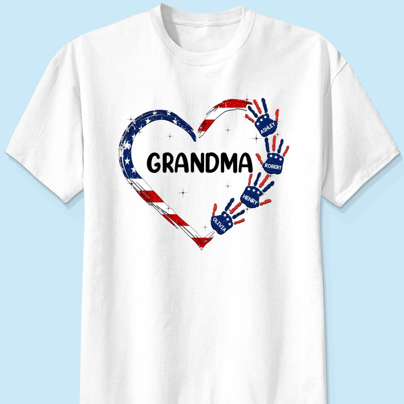 Grandma Mom Heart Handprints 4th Of July Independence Day Personalized Shirt