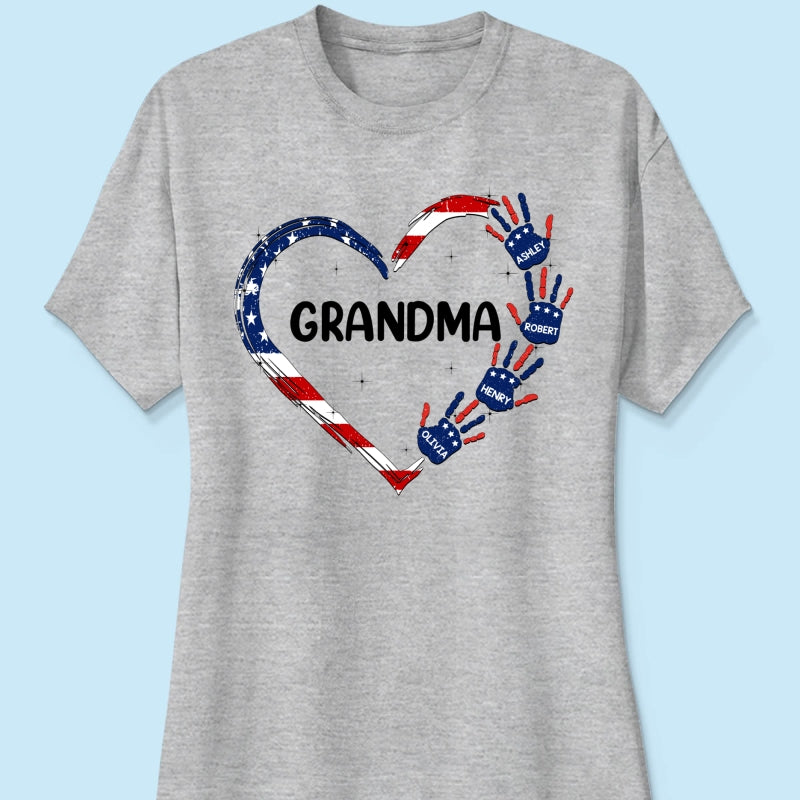 Grandma Mom Heart Handprints 4th Of July Independence Day Personalized Shirt