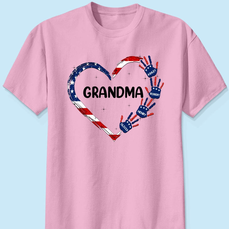 Grandma Mom Heart Handprints 4th Of July Independence Day Personalized Shirt