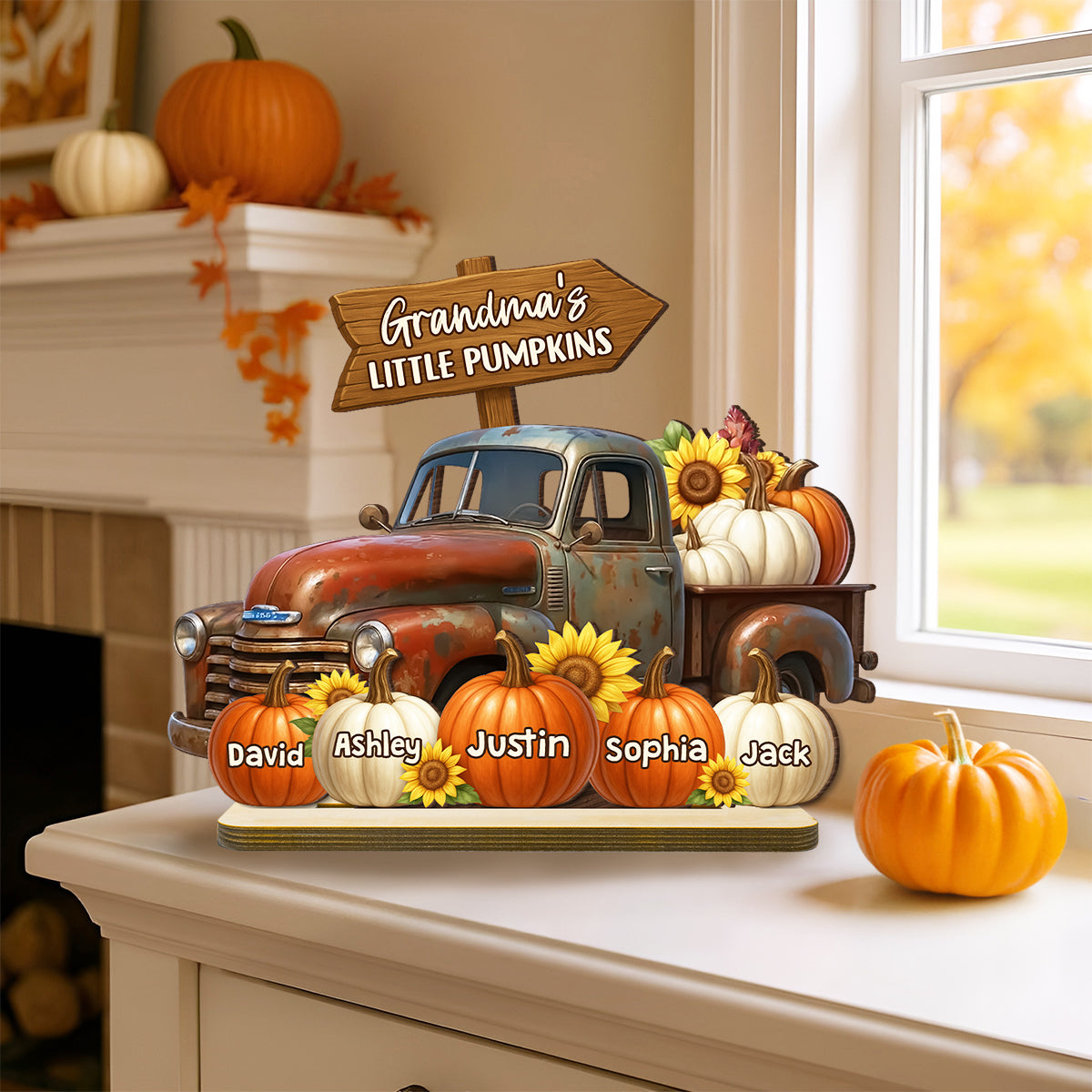 Grandma's Little Pumpkin Fall Truck Personalized Standing Wooden Plaque, Fall Decor for Grandma