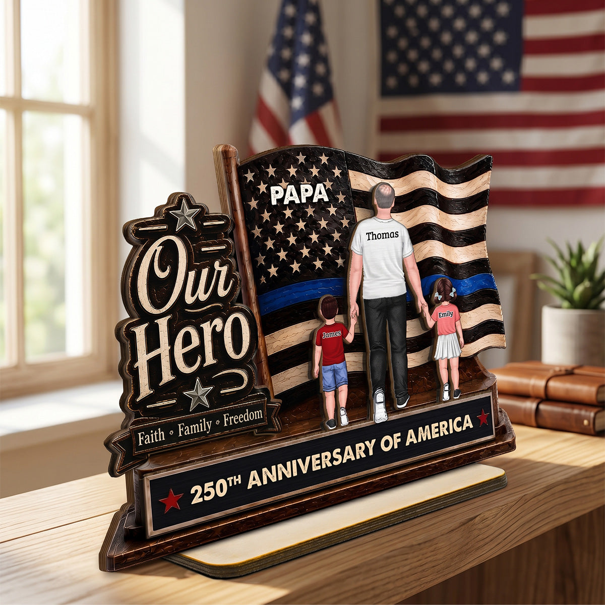 Dad Grandpa Our Hero American Flag 2D Flat - Personalized 2-Layered Wooden Plaque - Gift For Patriotic Dad, Grandpa, Husband