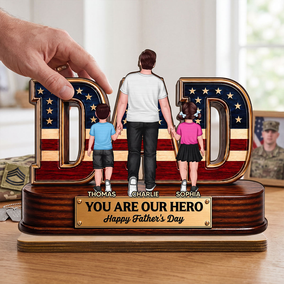 Nation Flag Dad And Kids You Are Our Hero - Personalized 2-Layered Wooden Plaque - Gift For Dad, Husband