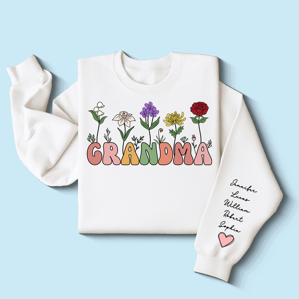 Grandma Retro Birth Month Flower Gift Personalized Sleeve Printed Sweatshirt