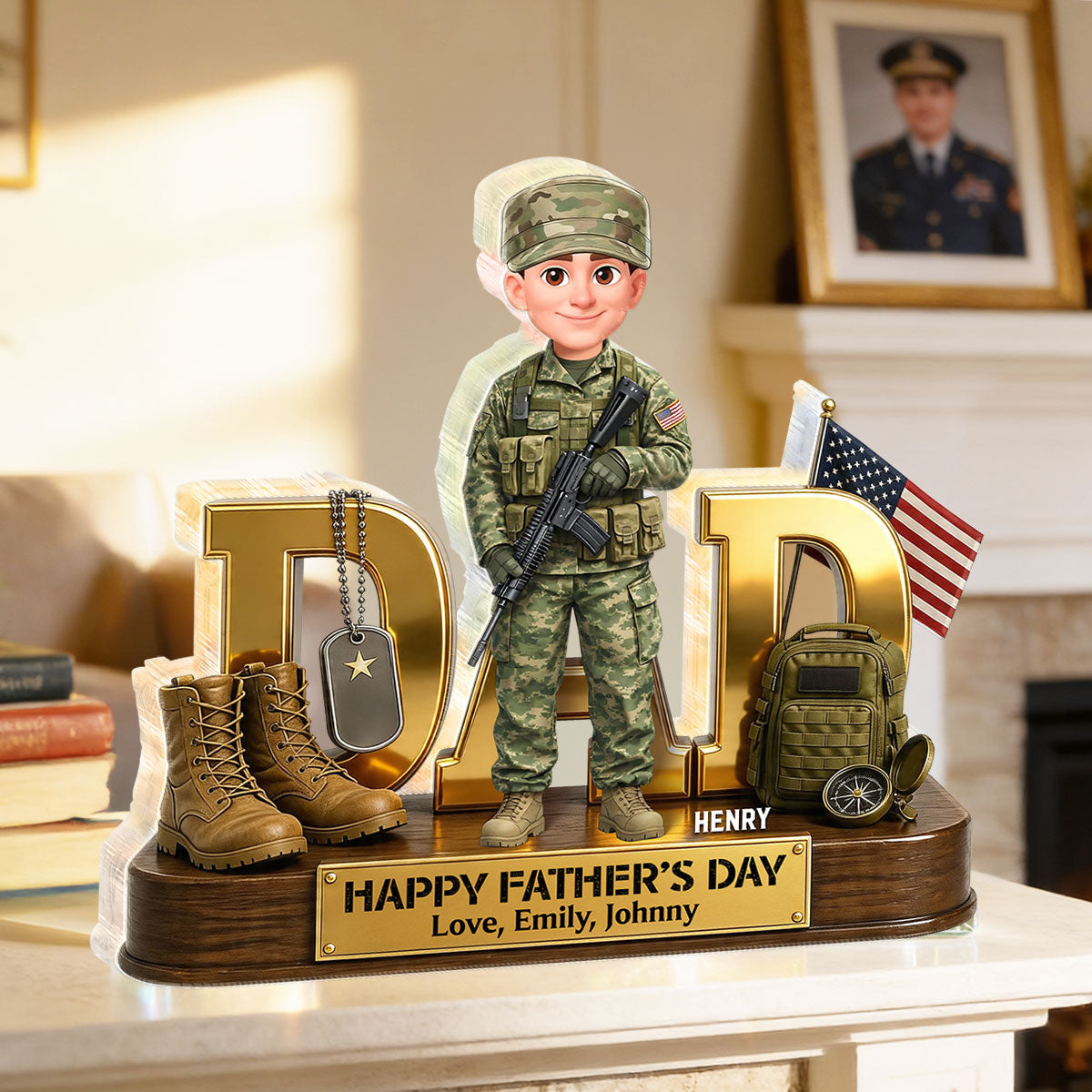Proud American Military Armed Force Hero Dad 2D Flat - Personalized Acrylic Block Plaque - Unique Trending Gift For Dad, Husband