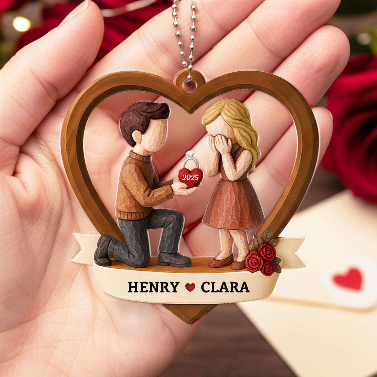 Couple Marriage Proposal 3D Wooden Effect - Personalized Acrylic Car Hanger - Newly Engaged Gift, ""She Said Yes!""