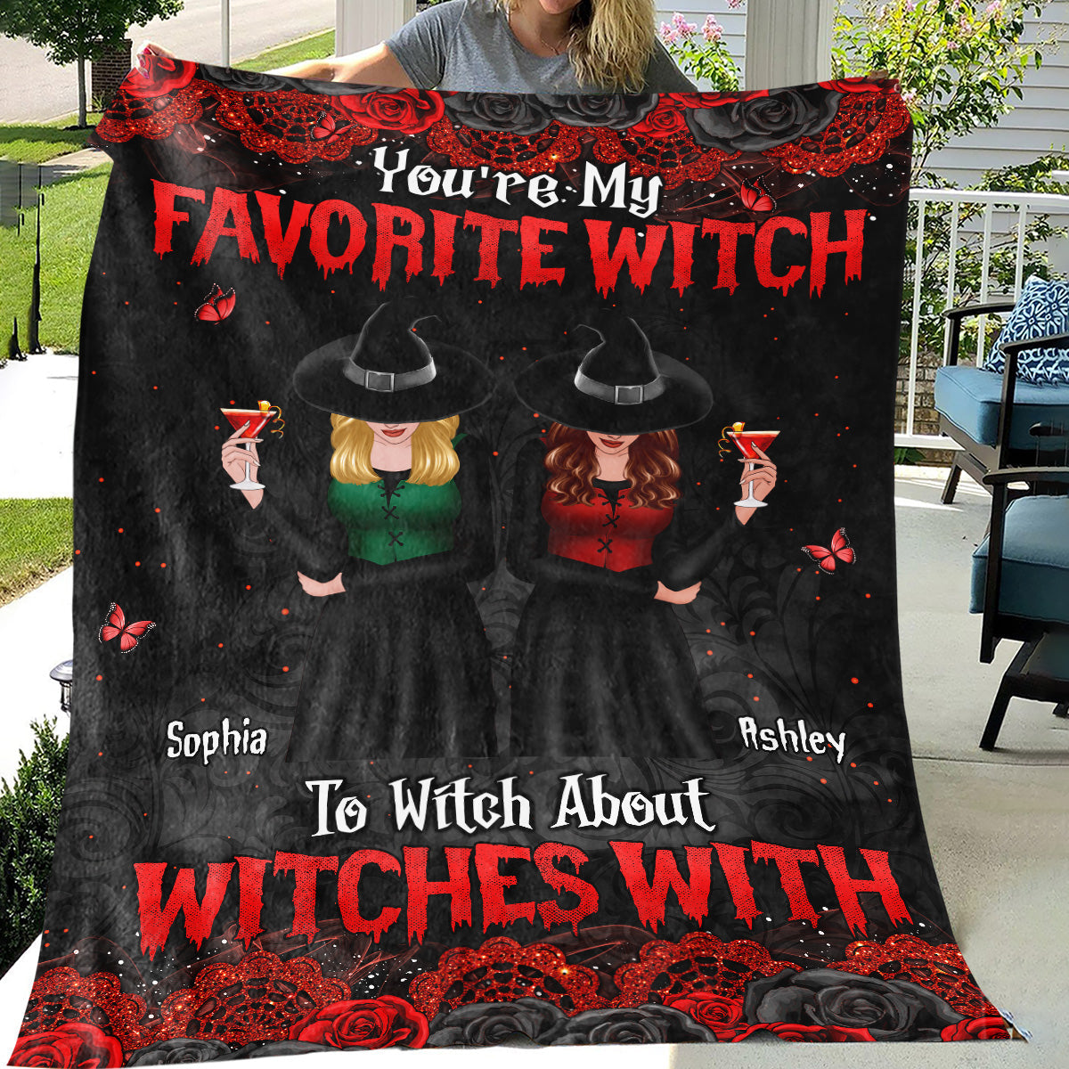 Halloween Rose Pattern Witches Besties Personalized Fleece Blanket