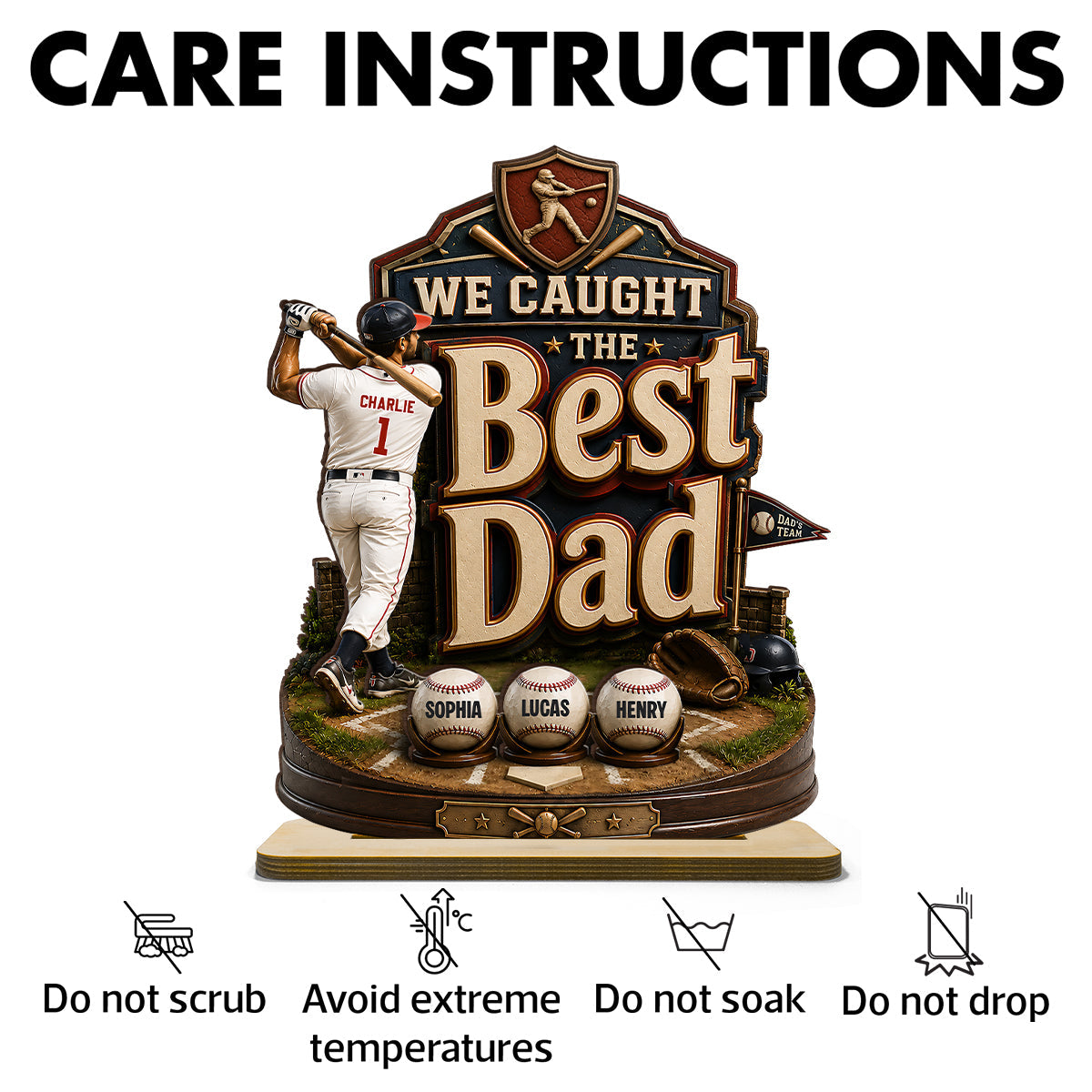 Baseball Dad & Kids We Caught The Best Dad - Personalized 2-Layered Wooden Plaque - Gift For Baseball Dad, Husband