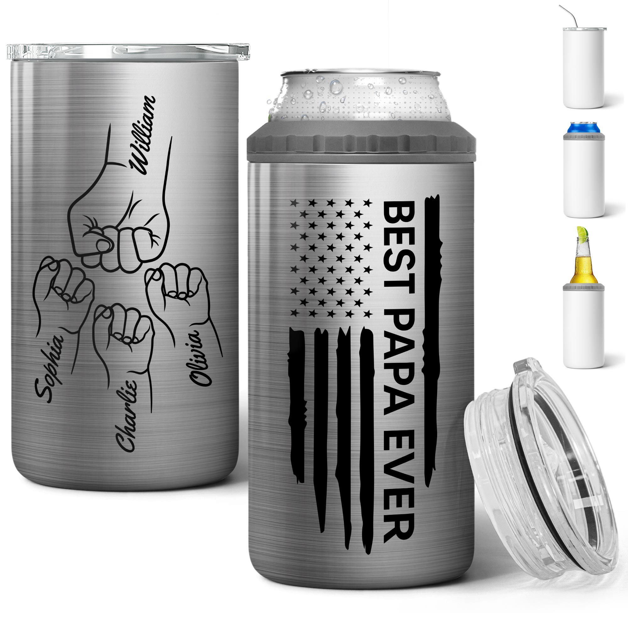 Best Papa Ever Gift For Grandpa Nation Flag Fist Bumps Outline Personalized 4-in-1 Can Cooler