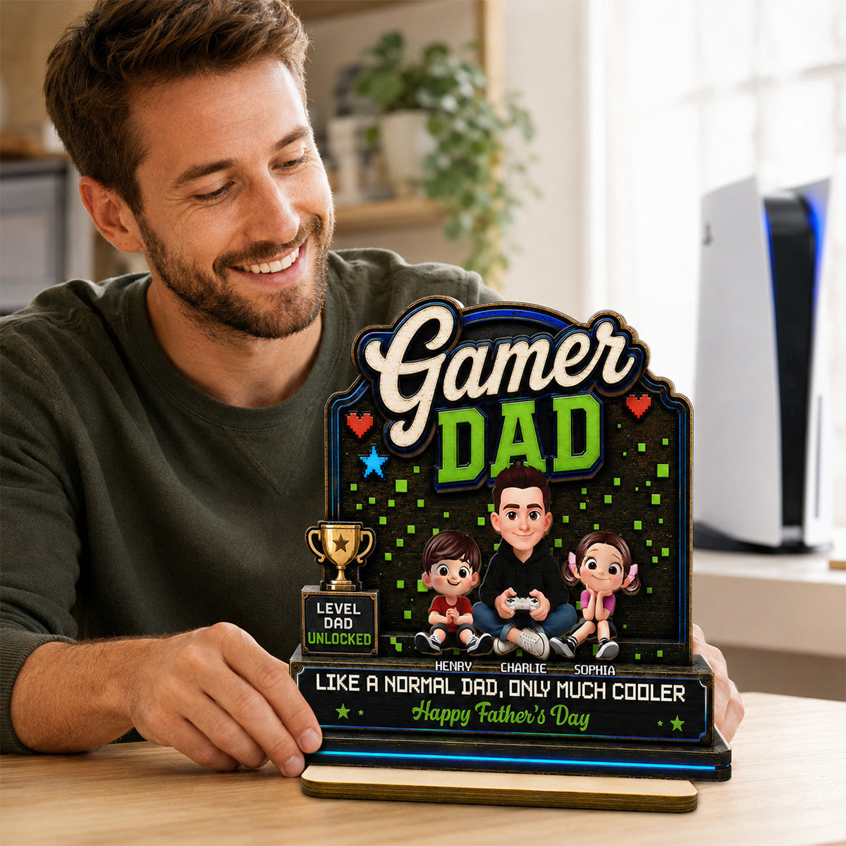 Gamer Dad & Kids - Personalized 2-Layered Wooden Plaque - Gift For Gamer Dad