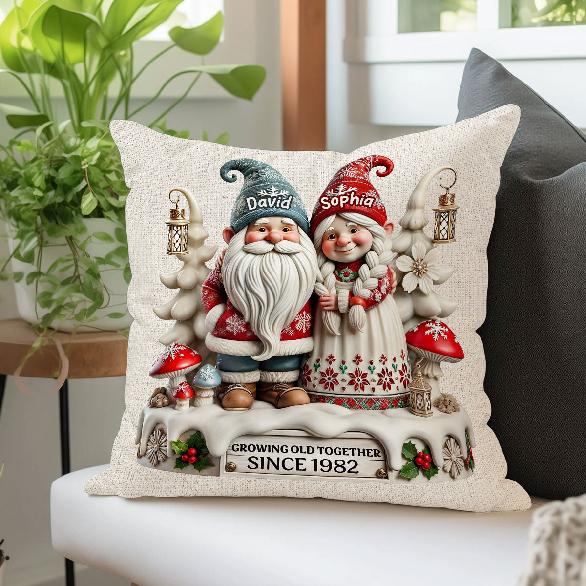 3D Effect Gnome Couple Together Personalized Pillow, Heartfelt Gift For Couple, For Him, For Her, Husband, Wife