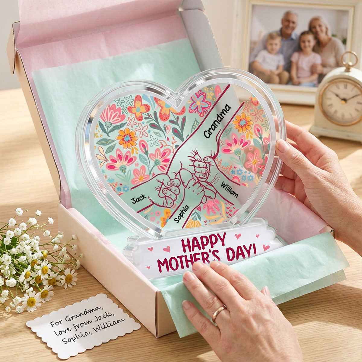 Kids Holding Hand Floral Boho 2D Flat - Personalized Acrylic Block Plaque - Mother's Day Gift For Mom Grandma