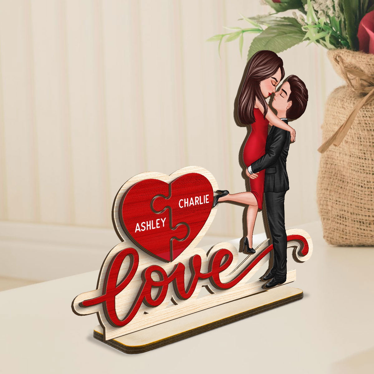 Couple Hugging Kissing Love Missing Piece Personalized 2-Layer Standing Wooden Plaque, Gift For Him or Her
