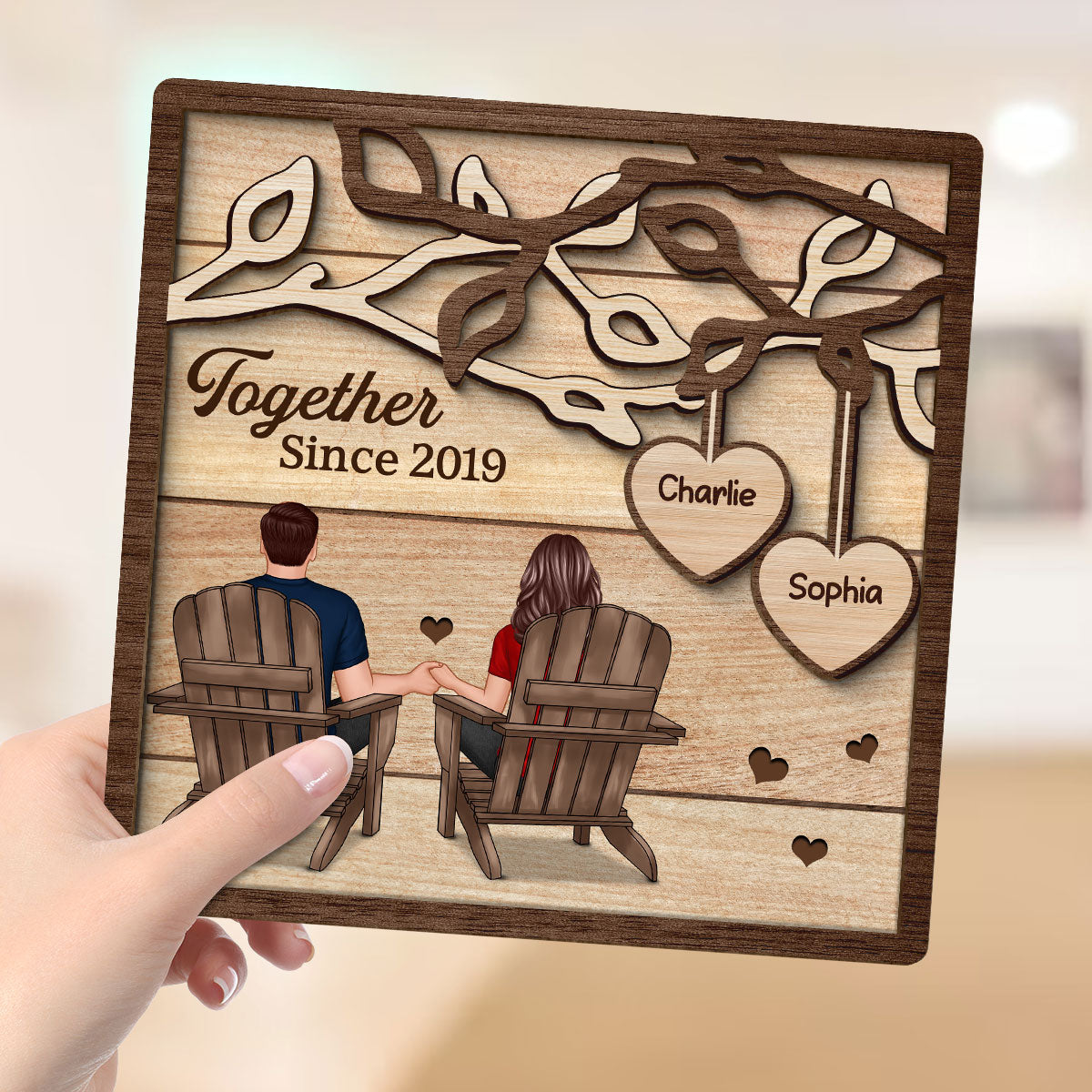 Couple Back View Sitting Under Tree Personalized 2-Layer Wooden Plaque, Valentine‘s Day Gift For Him, For Her