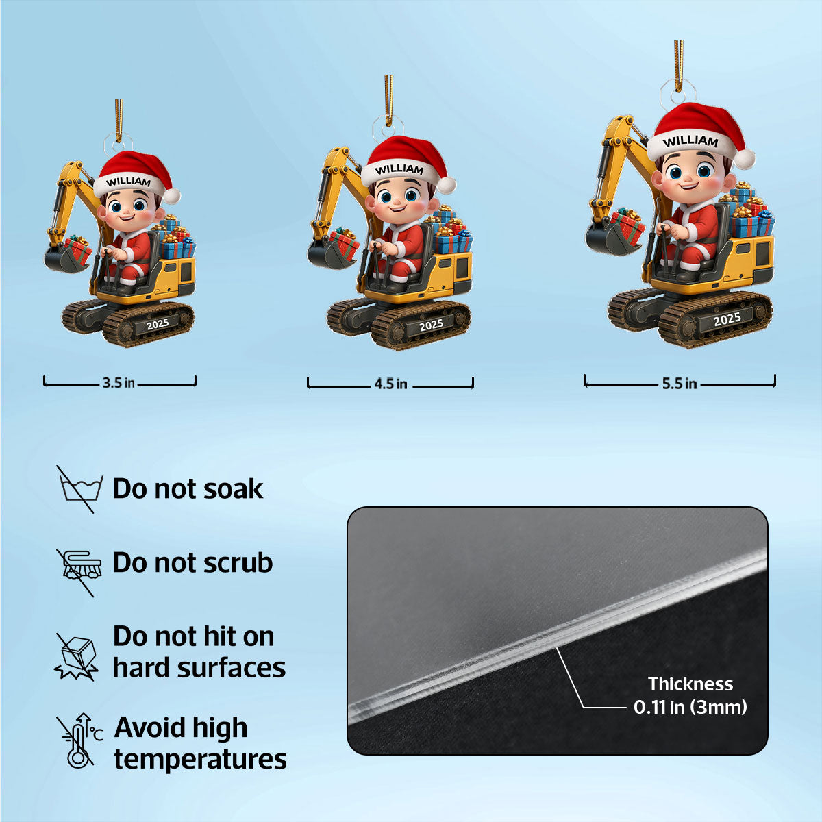 3D Effect Cute Cartoon Kid With Christmas Excavator Personalized Acrylic Ornament, Christmas Gift For Grandkids, Kids