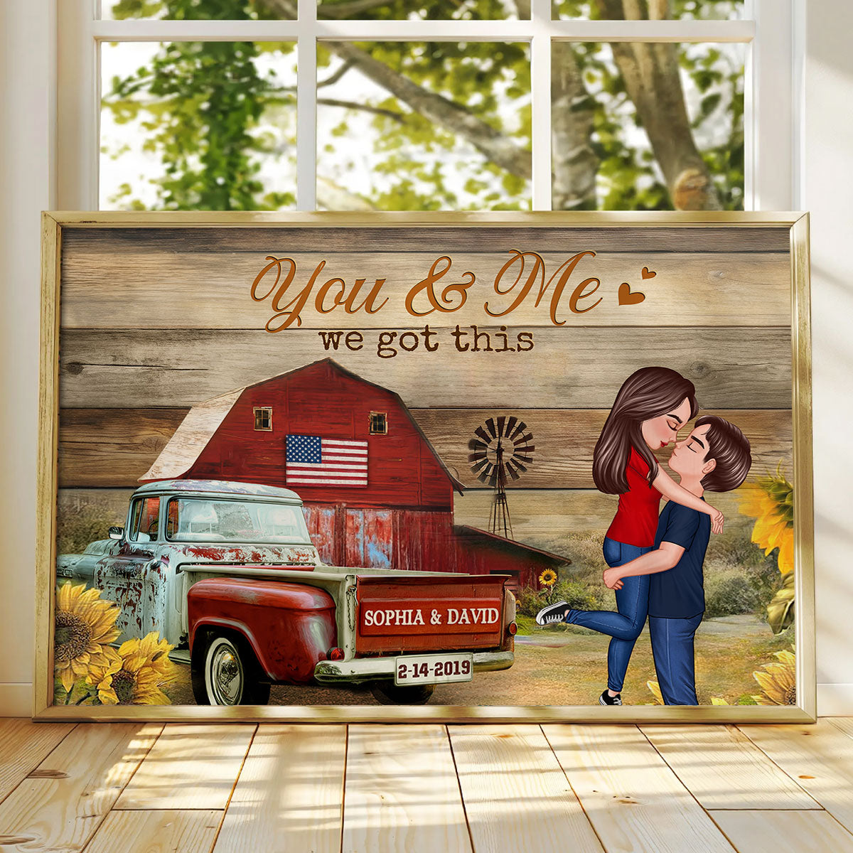 Couple Hugging Kissing Vintage Truck Farmhouse Personalized Poster, Anniversary Gift For Him, Her, Husband, Wife