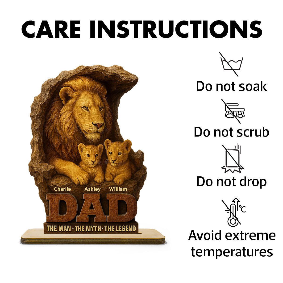 Lion Dad And Kids Personalized 2- Layer Standing Wooden Plaque, Unique Gift For Dad