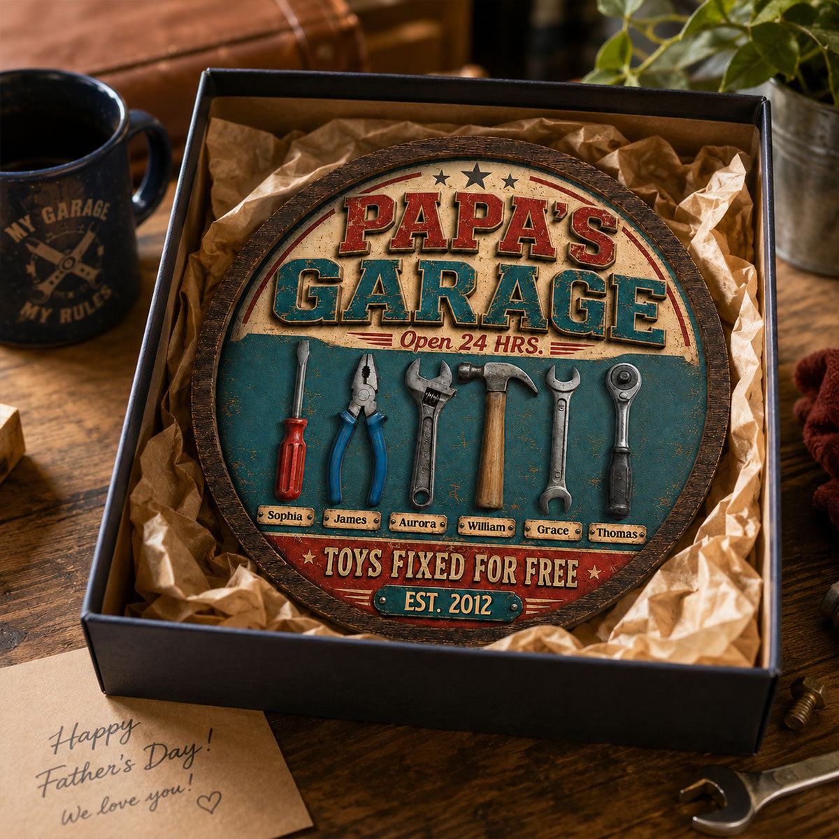 Papa Dad's Garage Toys Fixed For Free Custom Kid Name 2D Flat - Personalized 2-Layered Wooden Plaque - Gift For Mechanic Dad, Grandpa