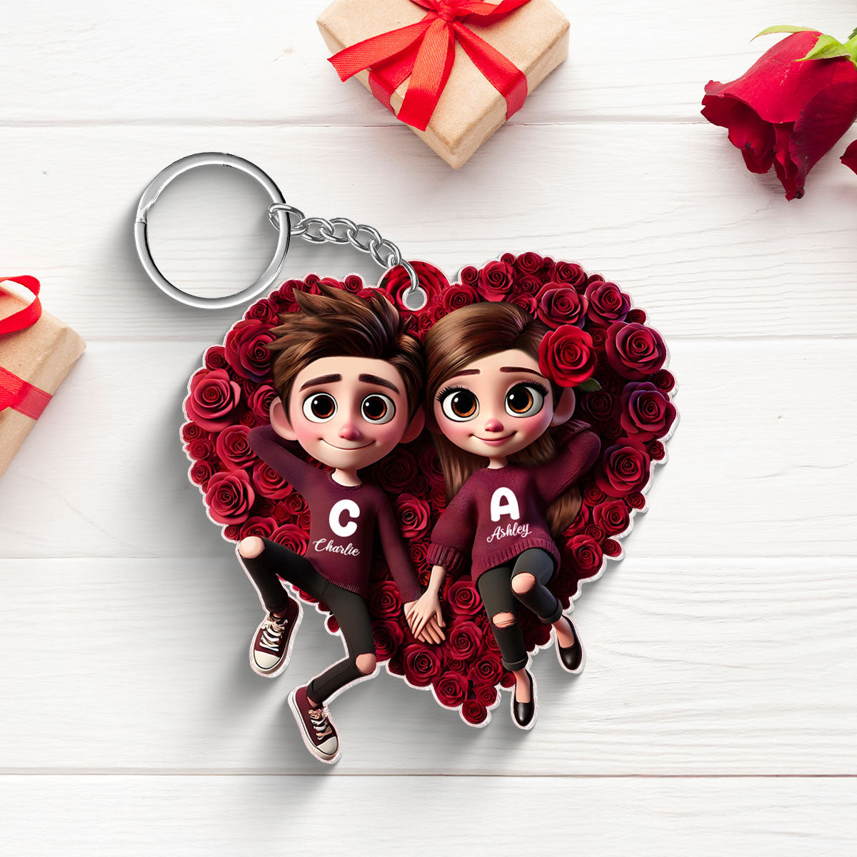 Rose Heart Couple Personalized Acrylic Keychain, Gift for her, Gift for him