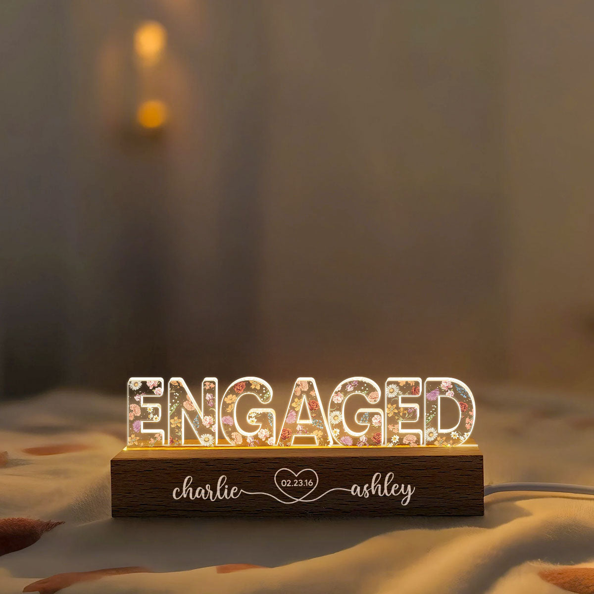 Personalized Couple Engagement Floral Theme Anniversary Gift Acrylic Block LED Night Light, Heartfelt 2025 Gift, For Him, For Her, For Husband, For Wife