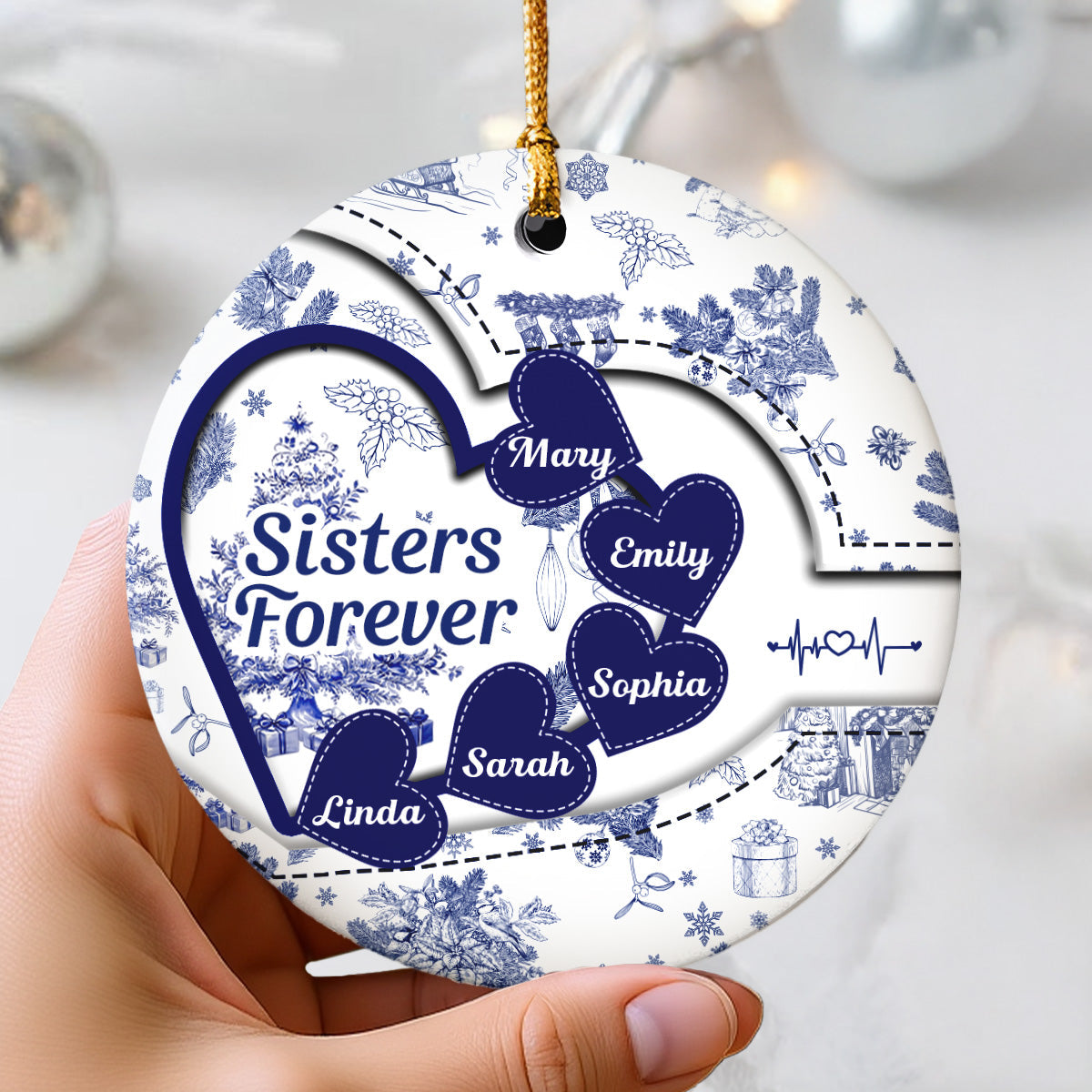 Sisters With Hearts Toile De Jouy Style Personalized Circle Ornament