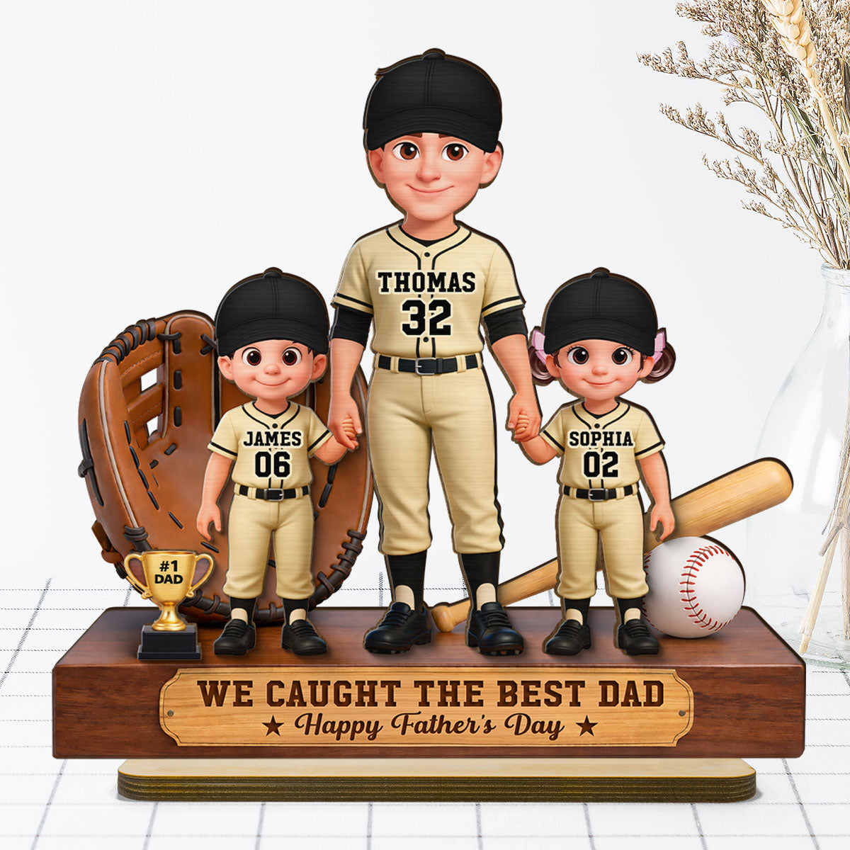 Baseball No.1 Dad We Caught The Best Dad - Personalized 2-Layered Wooden Plaque - Gift For Dad